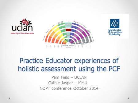 Practice Educator experiences of holistic assessment using the PCF Pam Field – UCLAN Cathie Jasper – MMU NOPT conference October 2014.