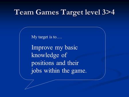 Team Games Target level 3>4 My target is to…. Improve my basic knowledge of positions and their jobs within the game.