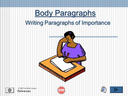 1 Body Paragraphs References © 2001 by Ruth Luman Writing Paragraphs of Importance.