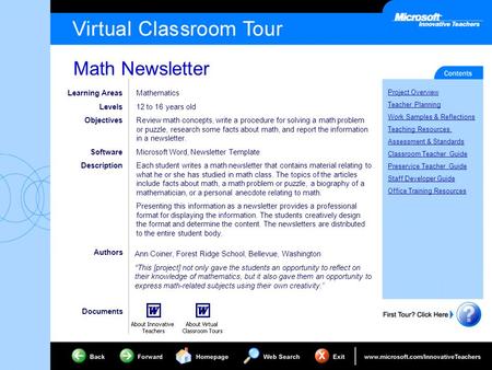 Math Newsletter Project Overview Teacher Planning Work Samples & Reflections Teaching Resources Assessment & Standards Classroom Teacher Guide Preservice.