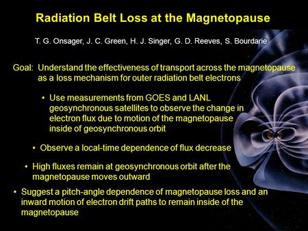 Radiation Belt Loss at the Magnetopause T. G. Onsager, J. C. Green, H. J. Singer, G. D. Reeves, S. Bourdarie Suggest a pitch-angle dependence of magnetopause.