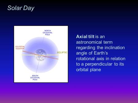Axial tilt is an astronomical term regarding the inclination angle of Earth’s rotational axis in relation to a perpendicular to its orbital plane Solar.