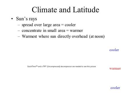 Climate and Latitude Sun’s rays spread over large area = cooler