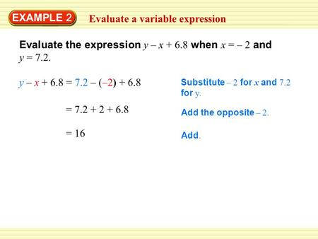 EXAMPLE 2 Evaluate a variable expression Substitute – 2 for x and 7.2 for y. Add the opposite – 2. = 7.2 + 2 + 6.8 Evaluate the expression y – x + 6.8.