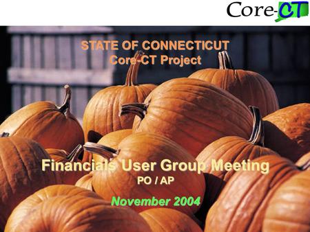 STATE OF CONNECTICUT Core-CT Project Financials User Group Meeting PO / AP November 2004.