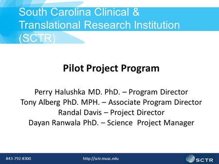 Pilot Project Program Perry Halushka MD. PhD. – Program Director Tony Alberg PhD. MPH. – Associate Program Director Randal Davis – Project Director Dayan.