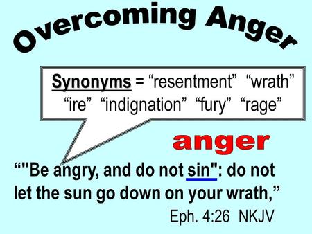 “Be angry, and do not sin: do not let the sun go down on your wrath,” Eph. 4:26 NKJV Synonyms Synonyms = “resentment” “wrath” “ire” “indignation” “fury”