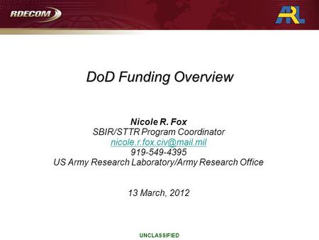 UNCLASSIFIED Nicole R. Fox SBIR/STTR Program Coordinator 919-549-4395 US Army Research Laboratory/Army Research Office 13 March,