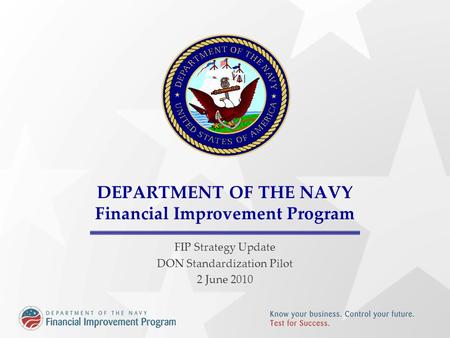DEPARTMENT OF THE NAVY Financial Improvement Program FIP Strategy Update DON Standardization Pilot 2 June 2010.