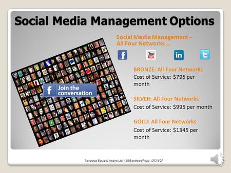 Social Media Management Options Social Media Management – All Four Networks … BRONZE: All Four Networks Cost of Service: $795 per month SILVER: All Four.