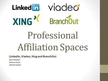 Professional Affiliation Spaces LinkedIn, Viadeo, Xing and BranchOut Dave Coleman Eamonn Carey Graham Colmer.