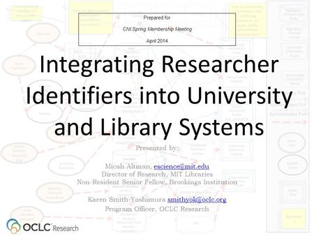 Integrating Researcher Identifiers into University and Library Systems Prepared for CNI Spring Membership Meeting April 2014 Presented by: Micah Altman,
