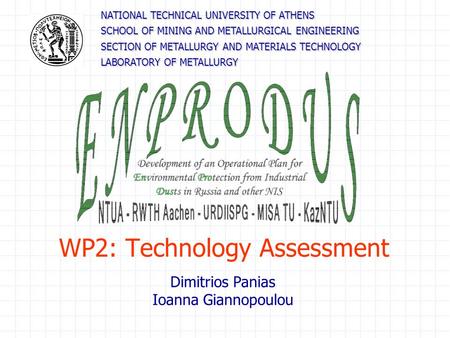 WP2: Technology Assessment Dimitrios Panias Ioanna Giannopoulou NATIONAL TECHNICAL UNIVERSITY OF ATHENS SCHOOL OF MINING AND METALLURGICAL ENGINEERING.