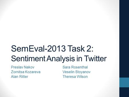 SemEval-2013 Task 2: Sentiment Analysis in Twitter Preslav NakovSara Rosenthal Zornitsa KozarevaVeselin Stoyanov Alan RitterTheresa Wilson.