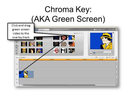 Chroma Key: (AKA Green Screen) Click and drag green screen video to the overlay track.