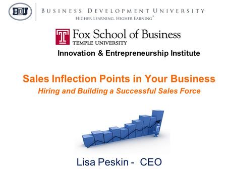 Sales Inflection Points in Your Business Hiring and Building a Successful Sales Force Presented by Lisa Peskin - CEO Business Development University Innovation.