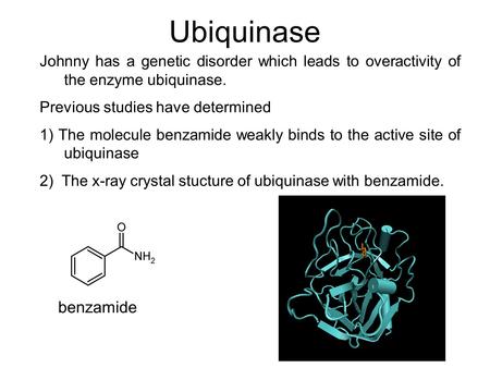 Ubiquinase Johnny has a genetic disorder which leads to overactivity of the enzyme ubiquinase. Previous studies have determined 1) The molecule benzamide.