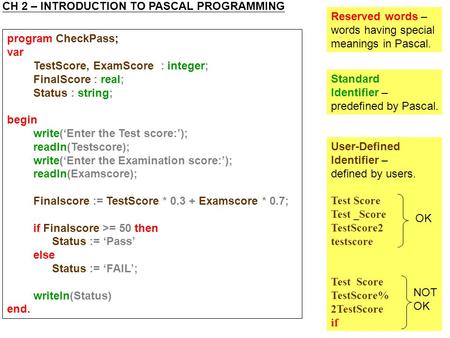 Program CheckPass; var TestScore, ExamScore : integer; FinalScore : real; Status : string; begin write(‘Enter the Test score:’); readln(Testscore); write(‘Enter.