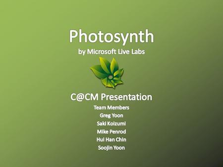 Photosynth is an entirely new visual medium developed by Microsoft Live Labs. Photosynth is an entirely new visual medium developed by Microsoft Live.