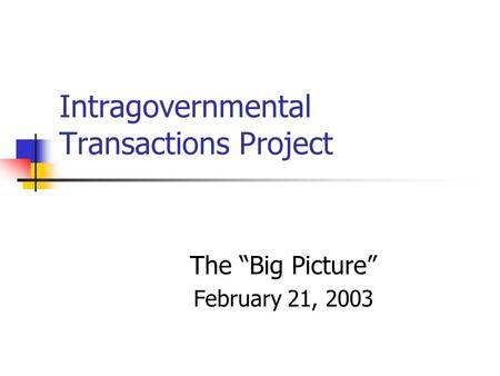 Intragovernmental Transactions Project The “Big Picture” February 21, 2003.
