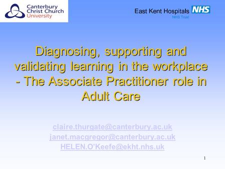 1 Diagnosing, supporting and validating learning in the workplace - The Associate Practitioner role in Adult Care