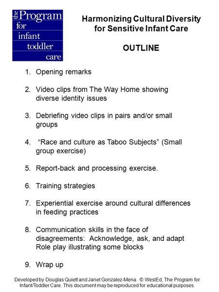 Harmonizing Cultural Diversity for Sensitive Infant Care OUTLINE 1.Opening remarks 2.Video clips from The Way Home showing diverse identity issues 3.Debriefing.