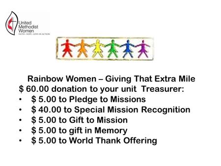 Rainbow Women – Giving That Extra Mile $ 60.00 donation to your unit Treasurer: $ 5.00 to Pledge to Missions $ 40.00 to Special Mission Recognition $ 5.00.