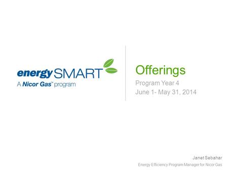 Program Year 4 June 1- May 31, 2014 Offerings Janet Sebahar Energy Efficiency Program Manager for Nicor Gas.