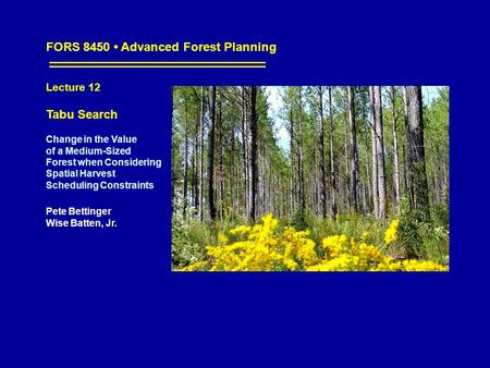 FORS 8450 Advanced Forest Planning Lecture 12 Tabu Search Change in the Value of a Medium-Sized Forest when Considering Spatial Harvest Scheduling Constraints.