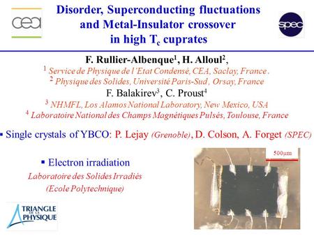  Single crystals of YBCO: P. Lejay (Grenoble), D. Colson, A. Forget (SPEC)  Electron irradiation Laboratoire des Solides Irradiés (Ecole Polytechnique)