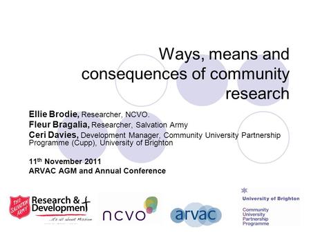 Ways, means and consequences of community research Ellie Brodie, Researcher, NCVO. Fleur Bragalia, Researcher, Salvation Army Ceri Davies, Development.