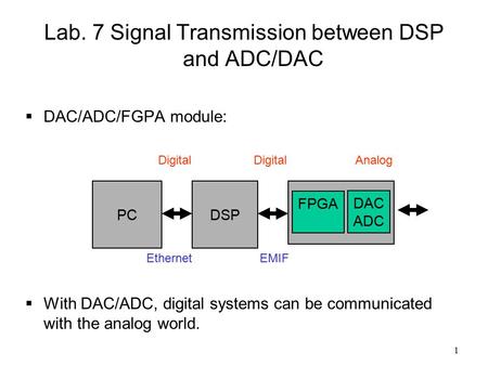 1 Lab. 7 Signal Transmission between DSP and ADC/DAC  DAC/ADC/FGPA module:  With DAC/ADC, digital systems can be communicated with the analog world.