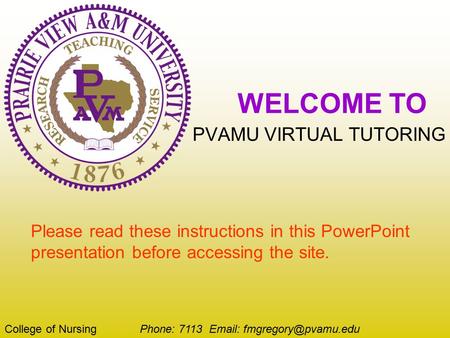 WELCOME TO PVAMU VIRTUAL TUTORING College of Nursing Phone: 7113   Please read these instructions in this PowerPoint presentation.