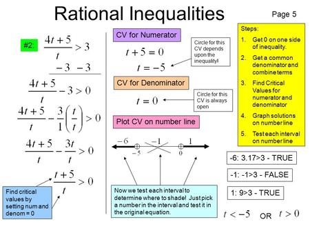 Rational Inequalities Page 5 #2: Steps: 1.Get 0 on one side of inequality. 2.Get a common denominator and combine terms 3.Find Critical Values for numerator.