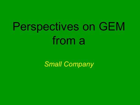 Perspectives on GEM from a Small Company. Perspectives on GEM Early issues & efforts Initial vision about the project when we sought funding and its additional.