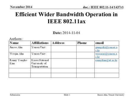 Submission doc.: IEEE 802.11-14/1437r1 November 2014 Jinsoo Ahn, Yonsei UniversitySlide 1 Efficient Wider Bandwidth Operation in IEEE 802.11ax Date: 2014-11-04.