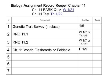 Biology Assignment Record Keeper Chapter 11 Ch. 11 BARK Quiz W 1/21 Ch. 11 Test Th 1/22 #AssignmentDue DateStamp 1 Genetic Trait Survey (in class) 1/5.