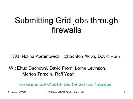 5 January 2003USA-Israel BSF Grid collaboration1 Submitting Grid jobs through firewalls TAU: Halina Abramowicz, Itzhak Ben Akiva, David Horn WI: Ehud Duchovni,