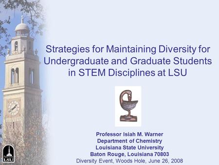 Strategies for Maintaining Diversity for Undergraduate and Graduate Students in STEM Disciplines at LSU Professor Isiah M. Warner Department of Chemistry.