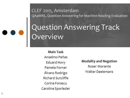 1 CLEF 2011, Amsterdam QA4MRE, Question Answering for Machine Reading Evaluation Question Answering Track Overview Main Task Anselmo Peñas Eduard Hovy.