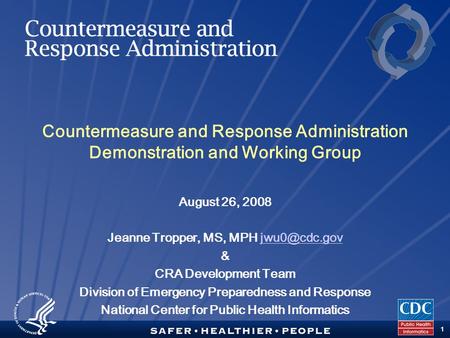 TM 1 Countermeasure and Response Administration Demonstration and Working Group August 26, 2008 Jeanne Tropper, MS, MPH & CRA.