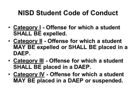 NISD Student Code of Conduct Category I - Offense for which a student SHALL BE expelled. Category II - Offense for which a student MAY BE expelled or SHALL.