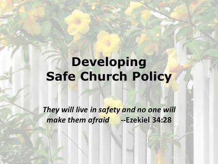 Developing Safe Church Policy They will live in safety and no one will make them afraid --Ezekiel 34:28.