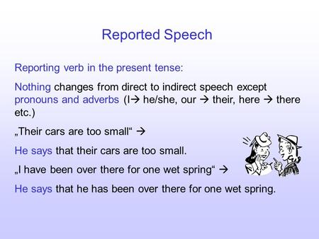Reported Speech Reporting verb in the present tense: