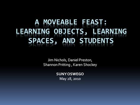 Jim Nichols, Daniel Preston, Shannon Pritting, Karen Shockey SUNY OSWEGO May 28, 2010.