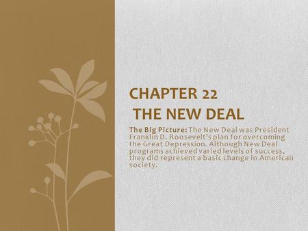Chapter 22 The New Deal The Big Picture: The New Deal was President Franklin D. Roosevelt’s plan for overcoming the Great Depression. Although New.