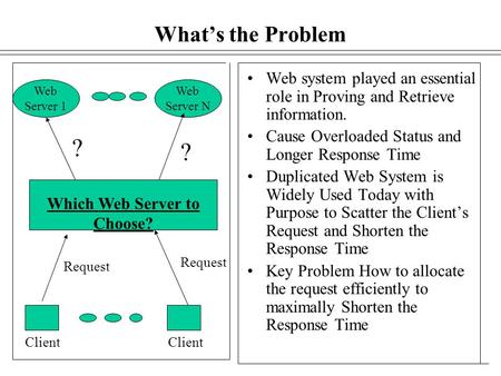 What’s the Problem Web Server 1 Web Server N Web system played an essential role in Proving and Retrieve information. Cause Overloaded Status and Longer.