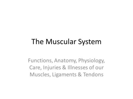 The Muscular System Functions, Anatomy, Physiology, Care, Injuries & Illnesses of our Muscles, Ligaments & Tendons.