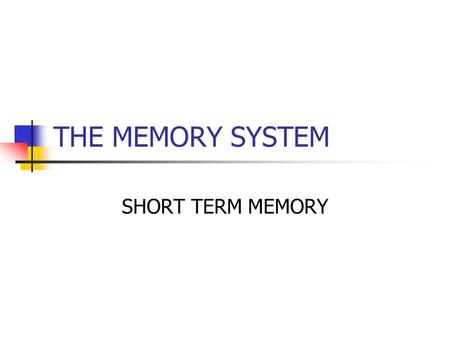 THE MEMORY SYSTEM SHORT TERM MEMORY. Nobody’s memory works with total accuracy. When you first hear or see something, it goes inside your brain and it.