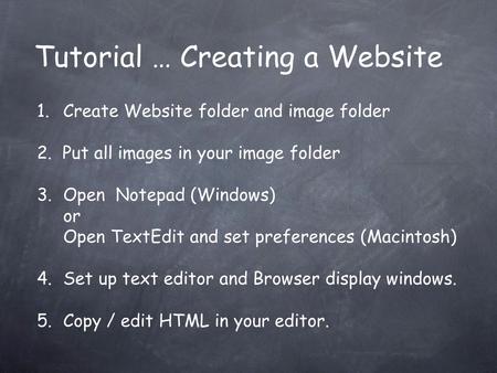 Tutorial … Creating a Website 1.Create Website folder and image folder 2. Put all images in your image folder 3.Open Notepad (Windows) or Open TextEdit.